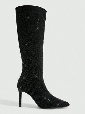 Black Sexy Women's Rhinestone Stiletto Knee High Boots